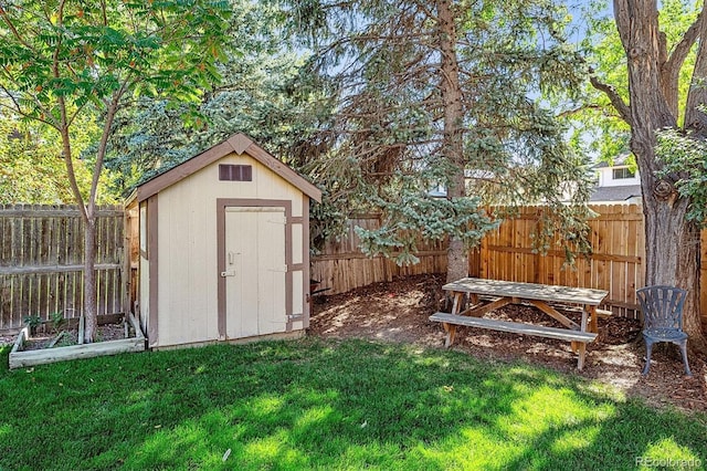 view of shed with a fenced backyard