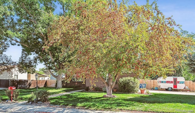 view of property hidden behind natural elements with a front lawn and fence