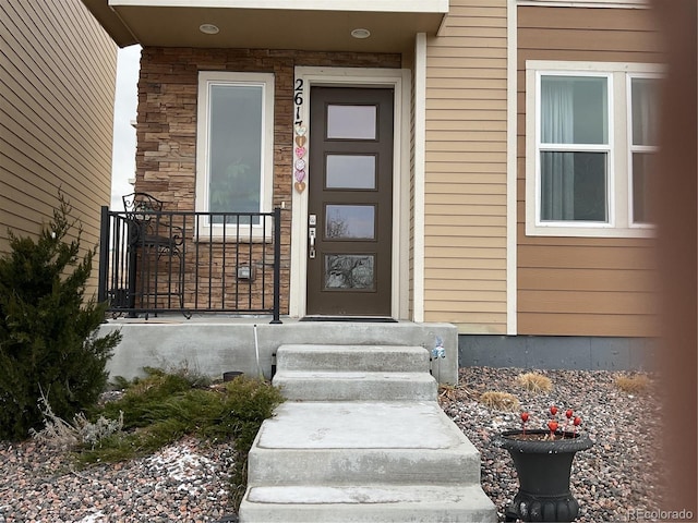 doorway to property with stone siding