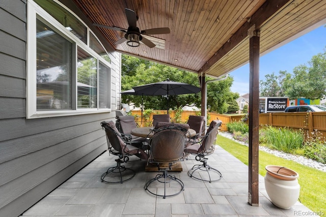 6772 Tiger Tooth, Littleton, CO 80124 - fenced backyard featuring a ceiling fan, outdoor dining space, and a patio area