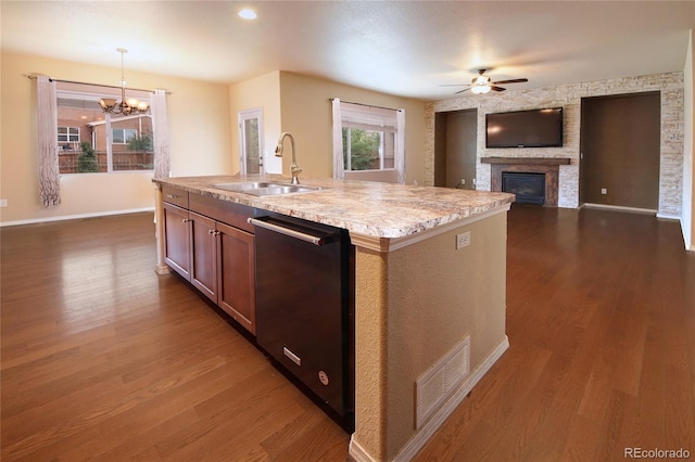 5947 Cumbre Vista Way, Colorado Springs, CO 80924 - kitchen featuring dishwasher, a ceiling fan, dark wood-type flooring, and a chandelier