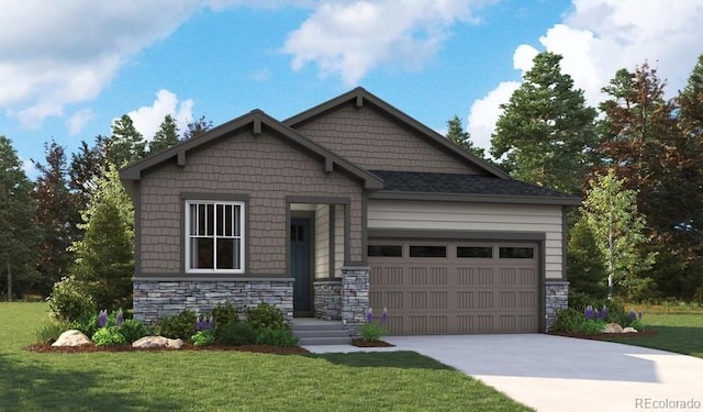 2657 Sawyer Ln, Erie, CO 80026 - craftsman-style home with stone siding, concrete driveway, a front yard, and a garage