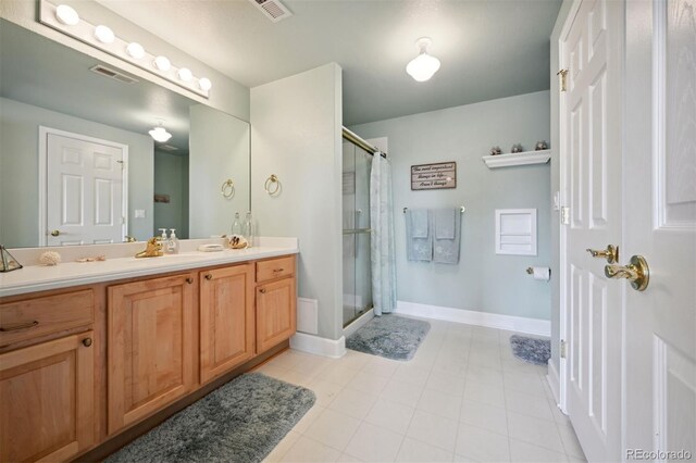 full bathroom with a stall shower, vanity, visible vents, and baseboards