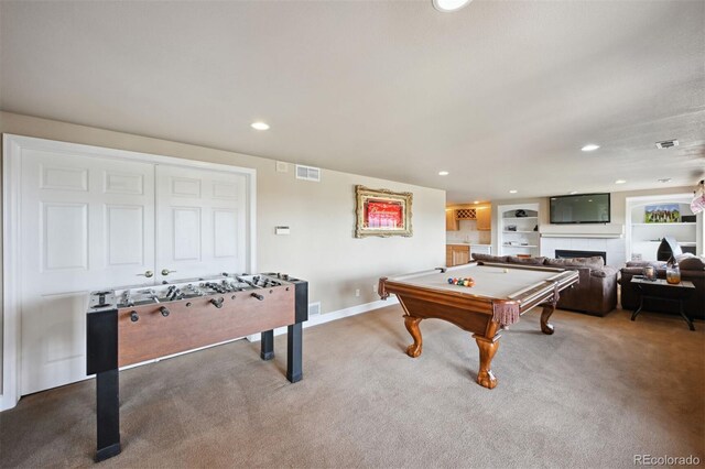 recreation room featuring carpet, recessed lighting, visible vents, a tile fireplace, and billiards