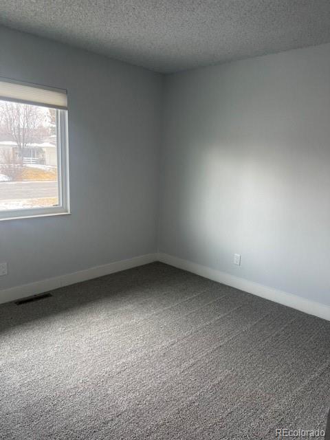 carpeted empty room featuring visible vents, a textured ceiling, and baseboards