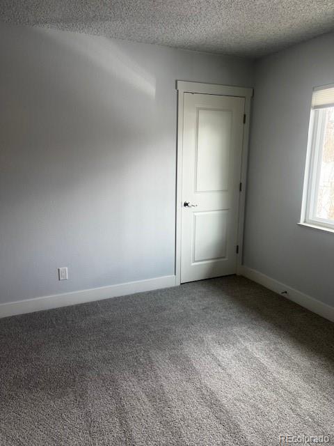 spare room with carpet flooring, a textured ceiling, and baseboards