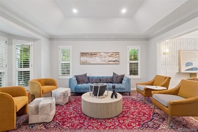 3566 E Meadow Creek Pl, Highlands Ranch, CO 80126 - living room featuring a raised ceiling and crown molding