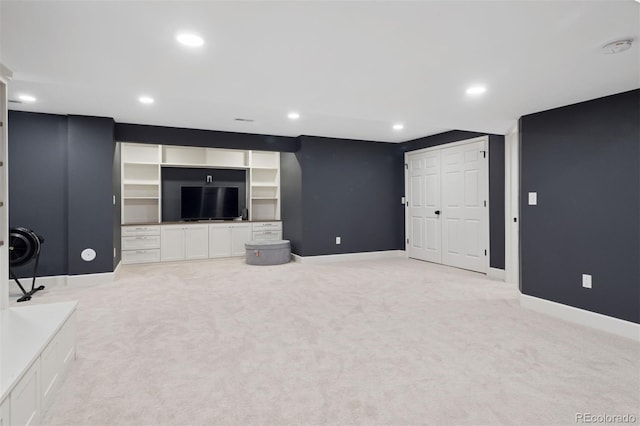 3566 E Meadow Creek Pl, Highlands Ranch, CO 80126 - unfurnished living room featuring light colored carpet, baseboards, and recessed lighting
