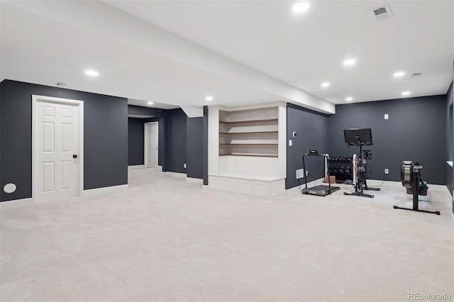 3566 E Meadow Creek Pl, Highlands Ranch, CO 80126 - workout area featuring baseboards, light colored carpet, and recessed lighting