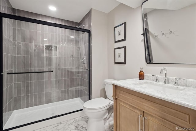 3566 E Meadow Creek Pl, Highlands Ranch, CO 80126 - bathroom featuring marble look tiles, toilet, a stall shower, vanity, and recessed lighting