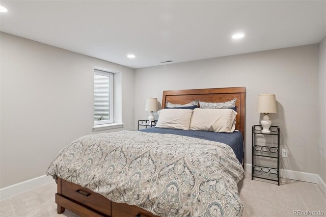 3566 E Meadow Creek Pl, Highlands Ranch, CO 80126 - bedroom featuring light carpet, baseboards, and recessed lighting