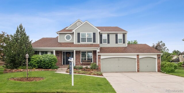 3566 E Meadow Creek Pl, Highlands Ranch, CO 80126 - view of front facade with concrete driveway, brick siding, a front yard, roof with shingles, and a garage