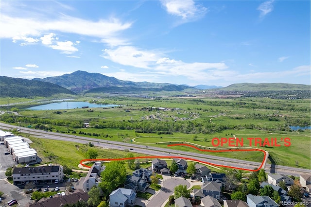 bird's eye view of a water and mountain view