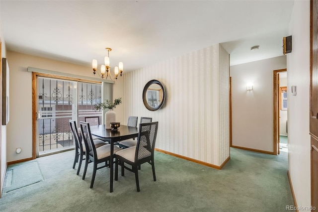 carpeted dining space with a notable chandelier