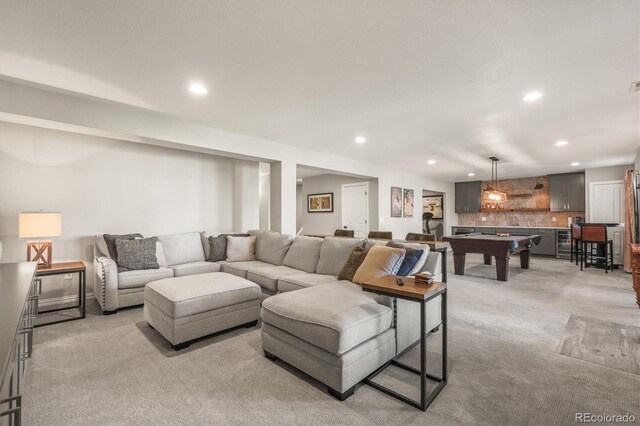 living room with recessed lighting, pool table, visible vents, and light carpet