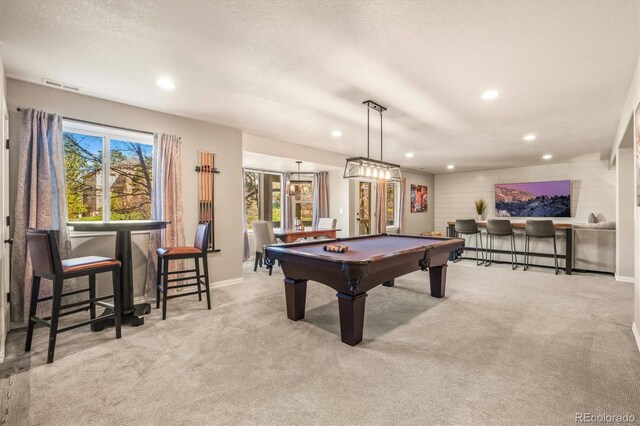 rec room featuring carpet floors, recessed lighting, visible vents, and billiards