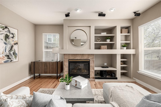 16434 Homestead Ct, Parker, CO 80134 - living area with a fireplace, a healthy amount of sunlight, built in features, and baseboards
