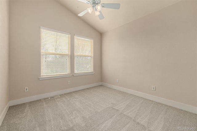 16434 Homestead Ct, Parker, CO 80134 - unfurnished room with lofted ceiling, light carpet, visible vents, and ceiling fan