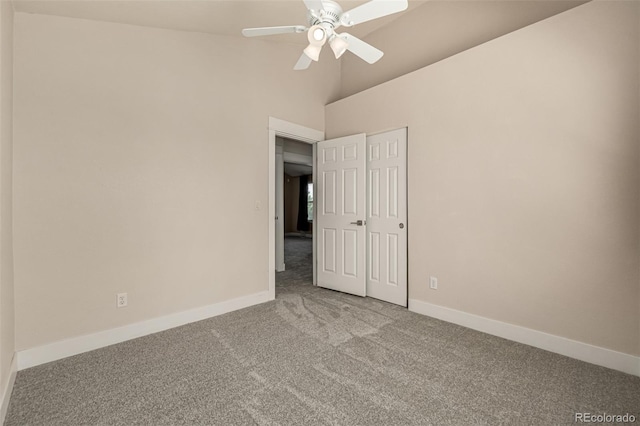 16434 Homestead Ct, Parker, CO 80134 - unfurnished bedroom featuring baseboards, vaulted ceiling, carpet flooring, and ceiling fan