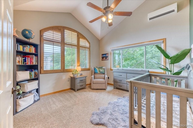 16642 W Archer Ave, Golden, CO 80401 - bedroom featuring vaulted ceiling, an AC wall unit, carpet flooring, and ceiling fan