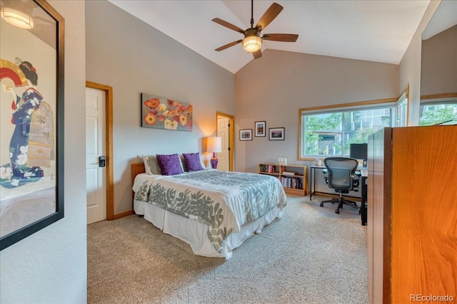 16642 W Archer Ave, Golden, CO 80401 - bedroom with high vaulted ceiling, carpet floors, a desk, and a ceiling fan