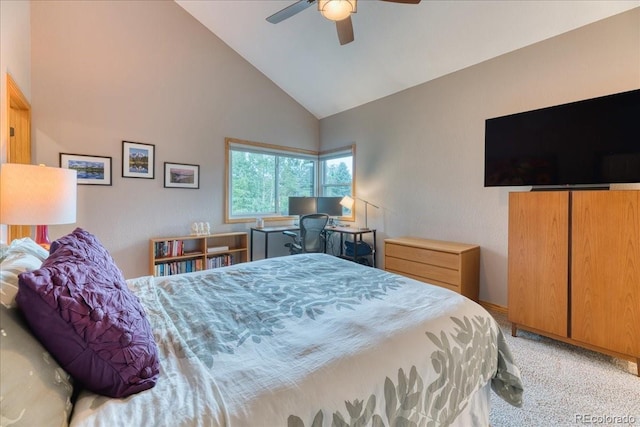 16642 W Archer Ave, Golden, CO 80401 - carpeted bedroom featuring high vaulted ceiling and ceiling fan