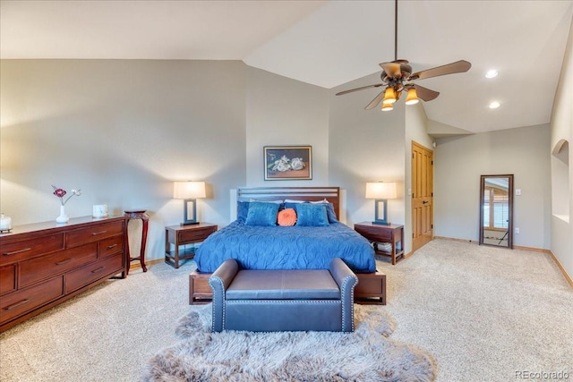 16642 W Archer Ave, Golden, CO 80401 - bedroom featuring light colored carpet, high vaulted ceiling, and ceiling fan
