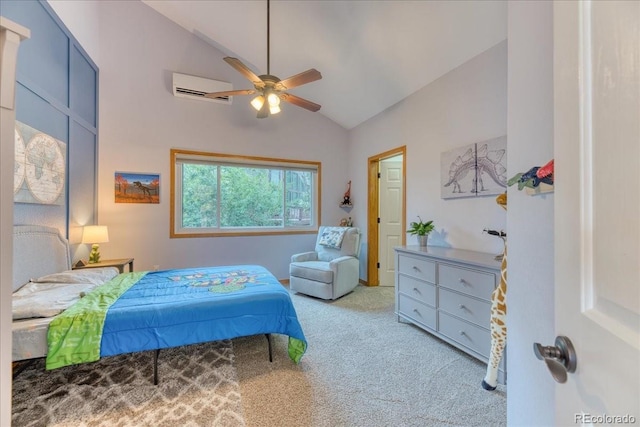 16642 W Archer Ave, Golden, CO 80401 - bedroom featuring lofted ceiling, carpet flooring, a wall unit AC, and ceiling fan