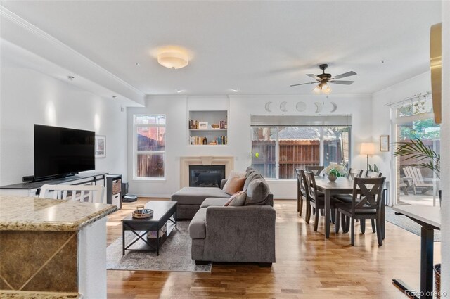 1776 Race St Unit 109, Denver, CO 80206 - living room with light wood-style flooring, a ceiling fan, ornamental molding, and a glass covered fireplace