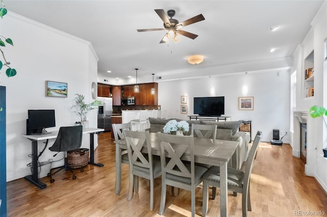 1776 Race St Unit 109, Denver, CO 80206 - dining room with light wood finished floors, a ceiling fan, recessed lighting, a desk, and ornamental molding