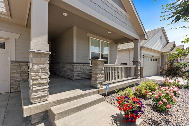 15802 Xanthia Way, Thornton, CO 80602 - doorway to property with covered porch, a garage, and stone siding