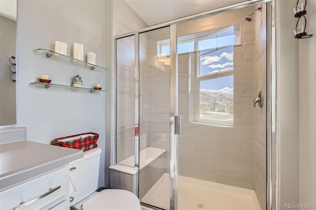 full bathroom featuring plenty of natural light, a shower stall, and toilet