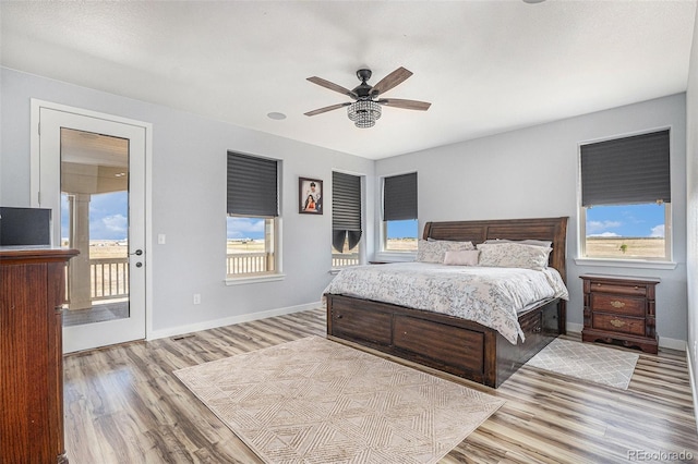 bedroom with access to outside, multiple windows, wood finished floors, and baseboards