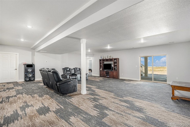 carpeted living area featuring decorative columns, baseboards, a textured ceiling, and recessed lighting