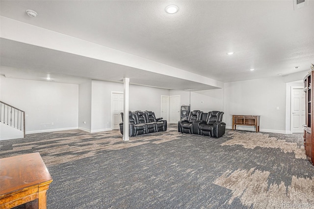 unfurnished living room featuring recessed lighting, carpet flooring, visible vents, baseboards, and stairway