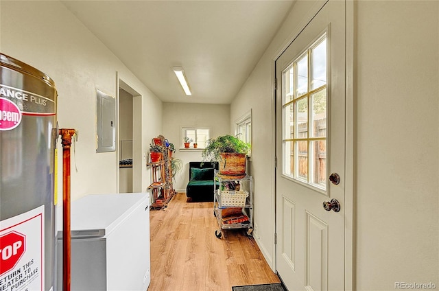 doorway with light wood-style floors, electric panel, plenty of natural light, and water heater
