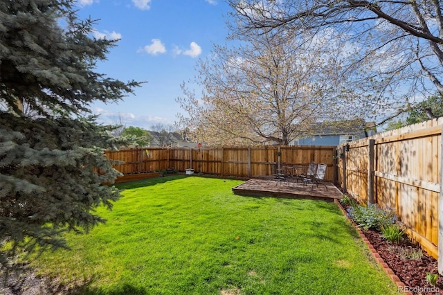 view of yard featuring a deck and a fenced backyard