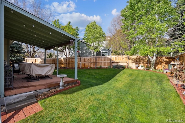 view of yard featuring a wooden deck and a fenced backyard