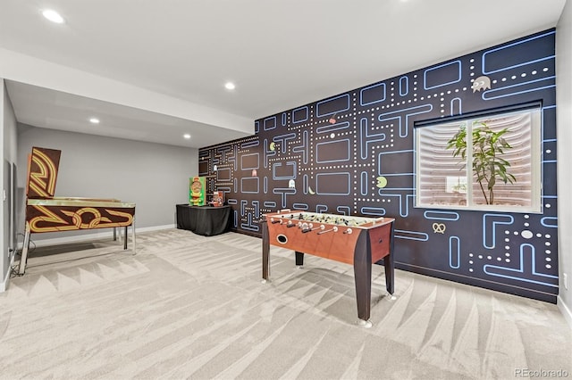 game room with carpet floors, baseboards, and recessed lighting