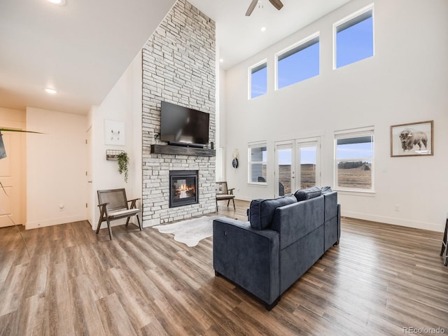 living room with a fireplace, wood-type flooring, and plenty of natural light