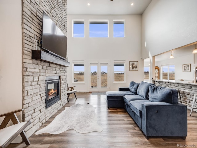 living room featuring wood-type flooring, a fireplace, and a high ceiling