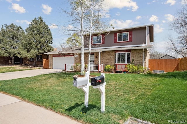 traditional home with fence, concrete driveway, a porch, brick siding, and a garage