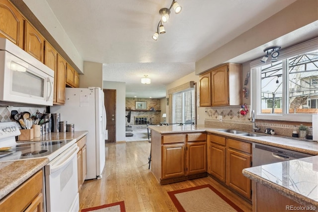 kitchen with light wood-style flooring, a sink, plenty of natural light, backsplash, and white appliances