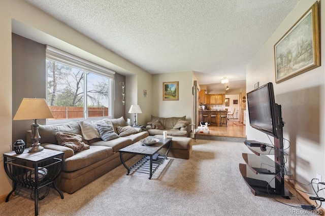 living room featuring a textured ceiling and light colored carpet