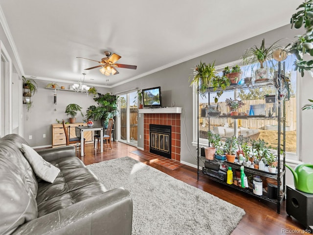 living room with baseboards, a tile fireplace, wood finished floors, crown molding, and ceiling fan with notable chandelier