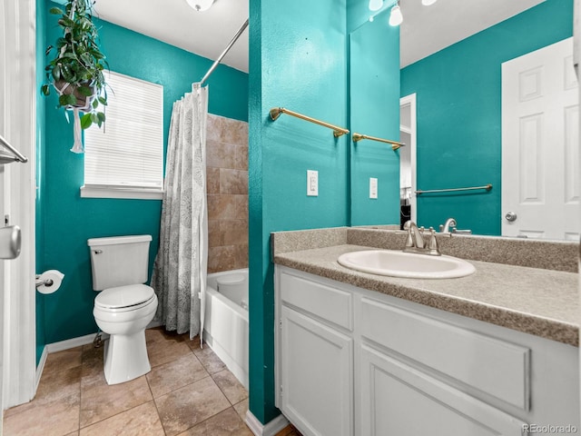 full bathroom featuring shower / tub combo with curtain, vanity, toilet, and tile patterned floors