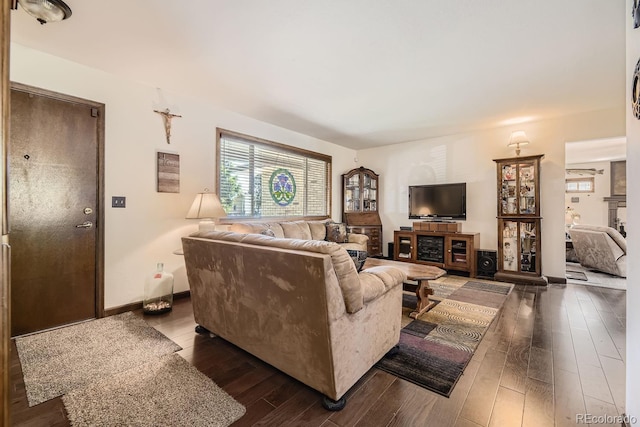 living room with dark hardwood / wood-style floors