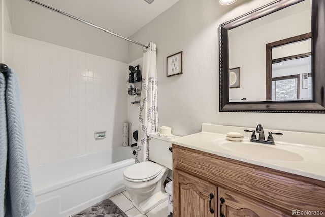 full bathroom featuring vanity, tile patterned flooring, toilet, and shower / bathtub combination with curtain