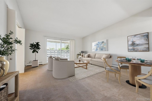 725 S Alton Way Unit 7D, Denver, CO 80247 - living room featuring lofted ceiling, a baseboard heating unit, and carpet
