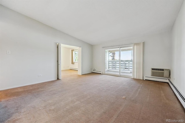 725 S Alton Way Unit 7D, Denver, CO 80247 - empty room with vaulted ceiling, baseboard heating, light colored carpet, a wall unit AC, and a baseboard heating unit